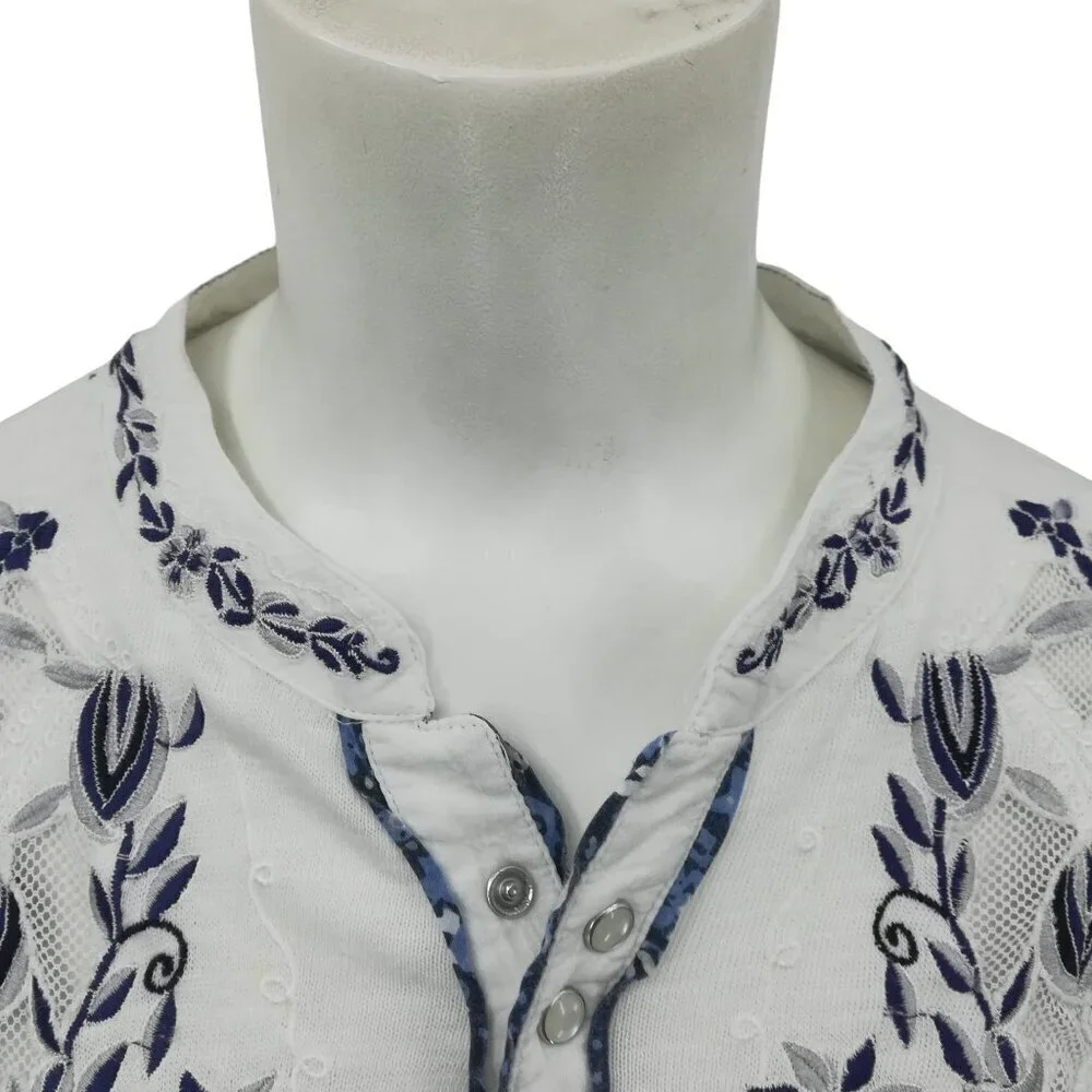 Free People Embroidered Floral Lace Henley Pearl Snap Shirt Size S Puff Sleeve